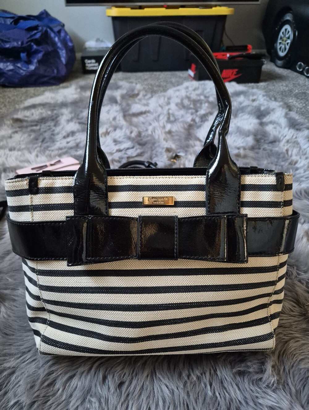 Kate Spade Striped Black and Cream Tote with Patent Trim